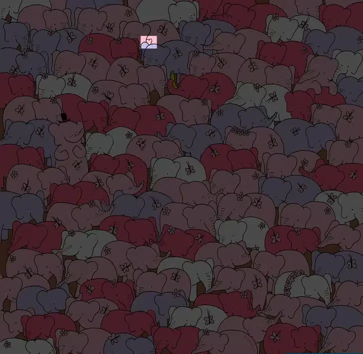 Desafio visual com elefantes rosas, lilás e brancos empilhados, e um coração escondido entre eles