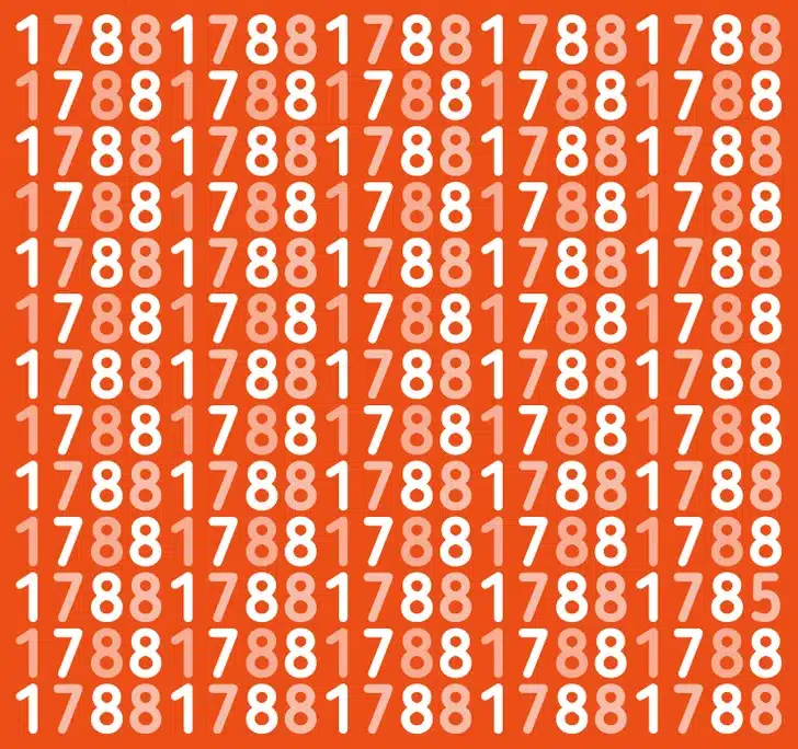 Encontre o número diferente na sequência de repetições 1788 em fundo laranja. Desafio visual com números 1788 repetidos em branco num fundo laranja.