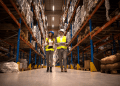 Gerentes de logística inspecionando corredor de armazenamento com mercadorias e equipamentos de segurança.