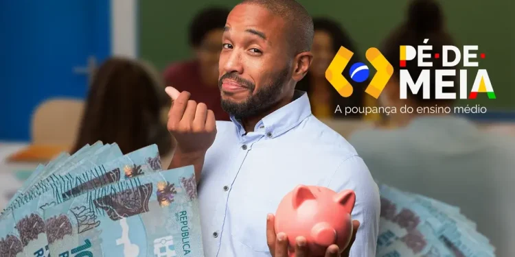 Professor segurando cofre e cédulas representando nova funcionalidade do Pé de Meia na Caixa