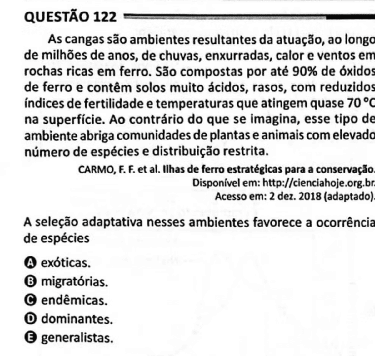 Enunciado e alternativas da Questão 122 do Enem 2025 sobre "Cangas" e seleção adaptativa, ilustrando a anulação.