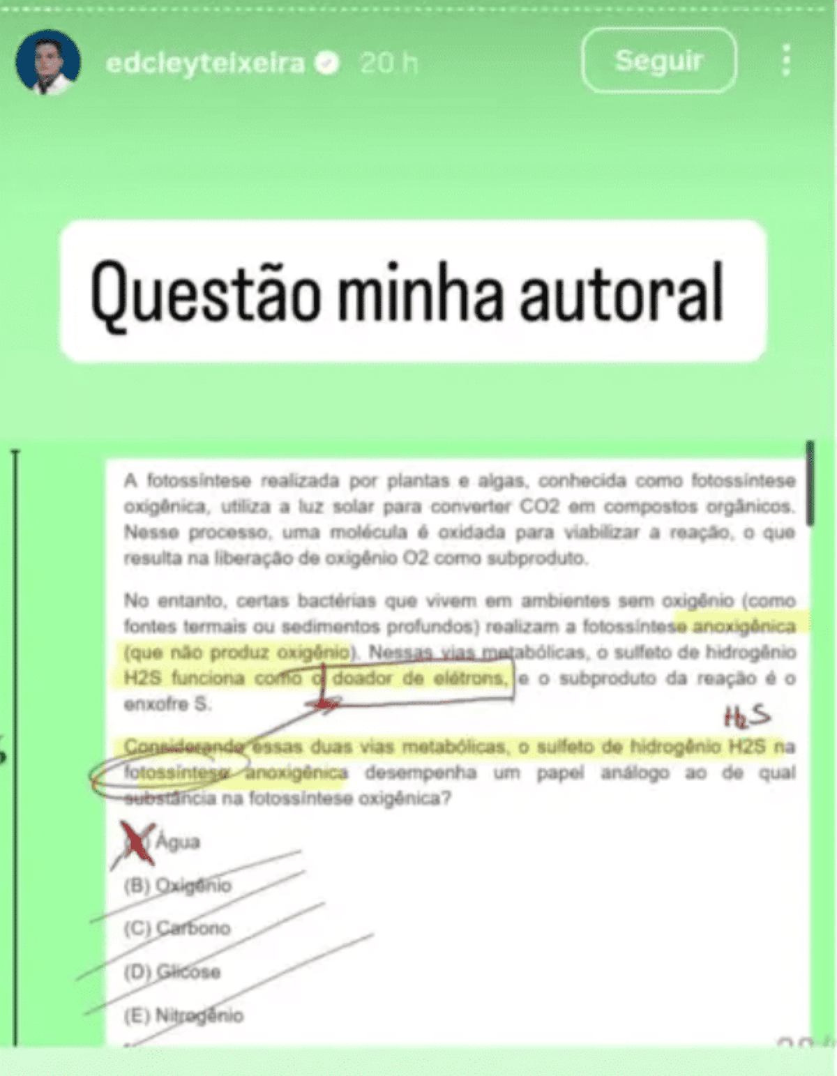 Postagem de Edcley Teixeira com a questão de fotossíntese anoxigênica, confirmando a autoria da questão idêntica à do Enem 2025.