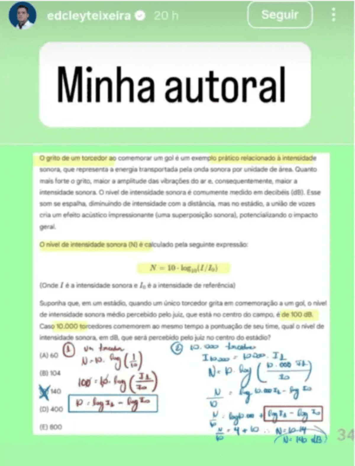 Postagem de Edcley Teixeira com resolução da questão de Nível Sonoro, confirmando a autoria da questão idêntica à do Enem 2025.