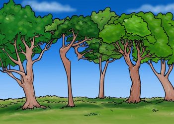 Teste visual com uma ilustração colorida de cinco árvores com copas verdes em campo gramado sob céu azul