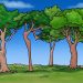 Teste visual com uma ilustração colorida de cinco árvores com copas verdes em campo gramado sob céu azul
