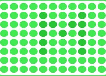 Teste visual com círculos verdes organizadas em linhas sobre fundo branco com borda verde arredondada