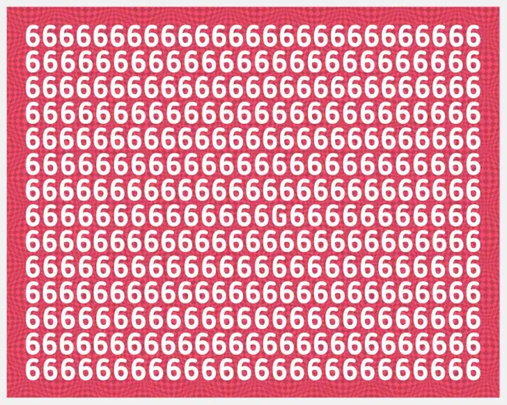 Teste visual com números 6 repetidos e uma letra escondida para encontrar.