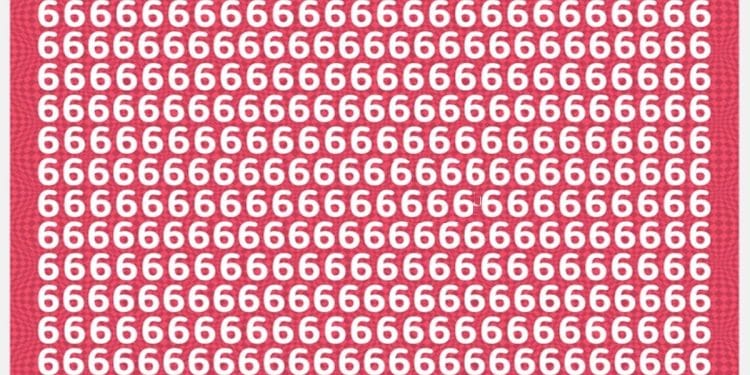 Teste visual com números 6 repetidos e uma letra escondida para encontrar.