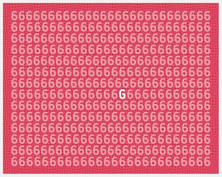 Teste visual com números 6 repetidos e uma letra escondida para encontrar.