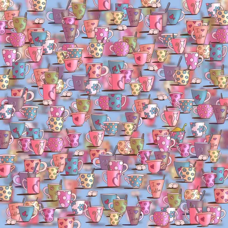 Encontre a xícara com areia escondida entre a diversidade de xícaras de café e chá. Teste visual com várias xícaras de café e chá coloridas, decoradas com corações e flores sobre fundo azul.