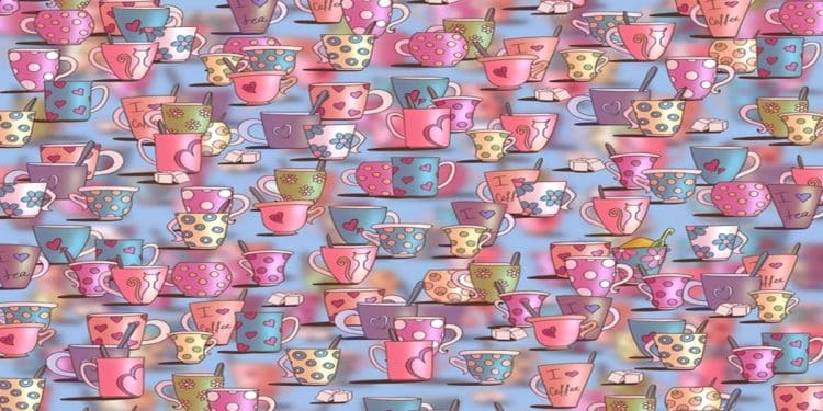 Teste visual com várias xícaras de café e chá coloridas, decoradas com corações e flores sobre fundo azul.