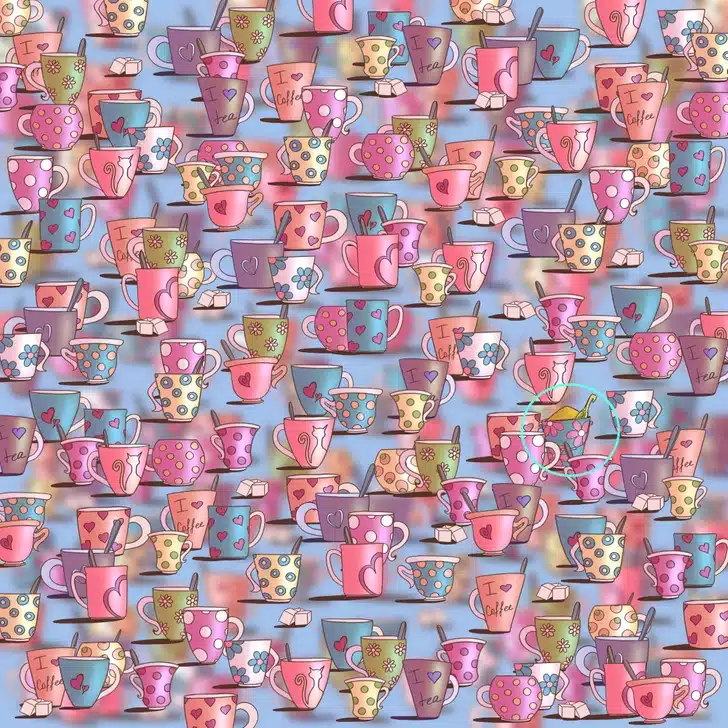 Encontre a xícara com areia neste padrão colorido de xícaras de café e chá Teste visual com várias xícaras de café e chá coloridas, decoradas com corações e flores sobre fundo azul.