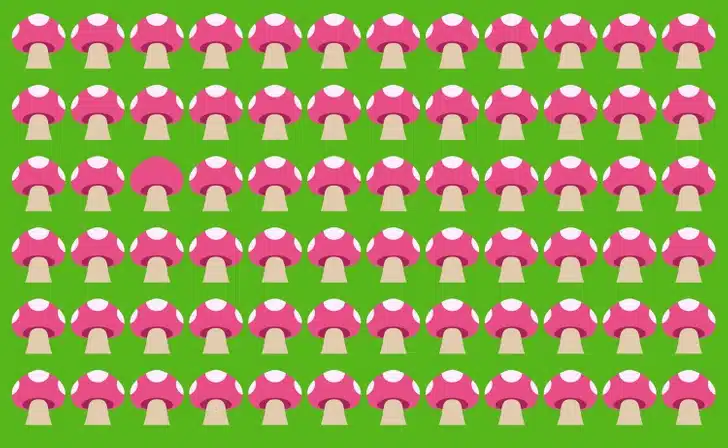 Ache o cogumelo fora do padrão. Teste visual com diversos cogumelos rosas, pontilhados de branco, sobre um fundo verde.