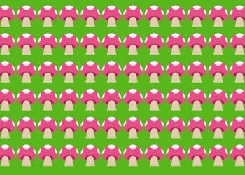 Teste visual com diversos cogumelos rosas, pontilhados de branco, sobre um fundo verde.