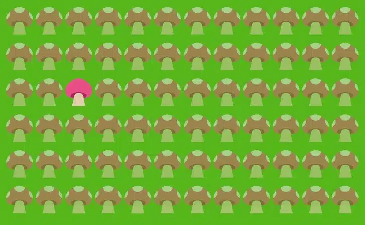 Ache o cogumelo diferente no meio dos cogumelos rosa sobre um fundo verde Teste visual com diversos cogumelos rosas, pontilhados de branco, sobre um fundo verde.