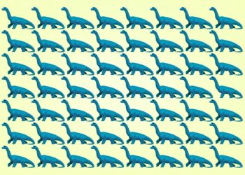 Teste visual com múltiplos dinossauros azuis organizados em linhas sobre fundo amarelo