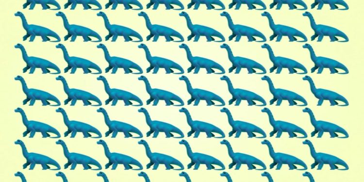 Teste visual com múltiplos dinossauros azuis organizados em linhas sobre fundo amarelo