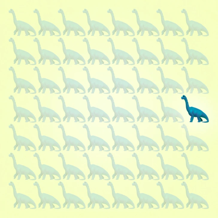 Teste visual com múltiplos dinossauros azuis organizados em linhas sobre fundo amarelo