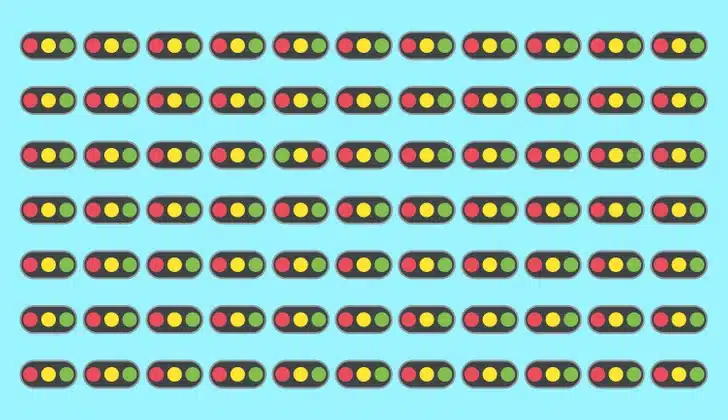 Encontre o semáforo diferente neste painel com múltiplos ícones de semáforo. Teste visual com vários semáforos com círculos nas cores vermelha, amarela e verde