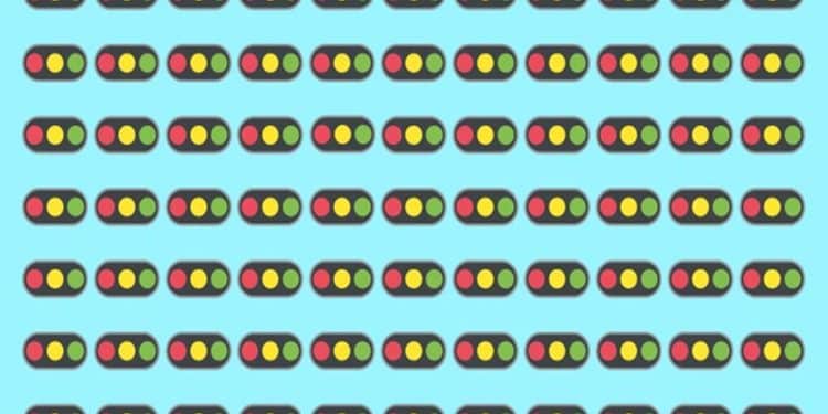 Teste visual com vários semáforos com círculos nas cores vermelha, amarela e verde