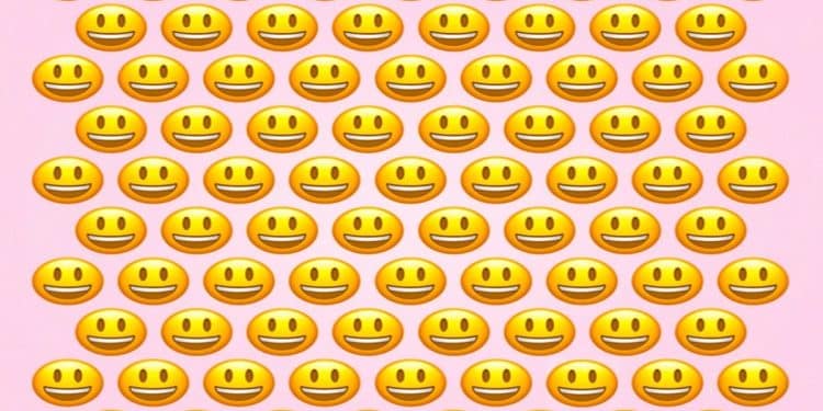 Teste visual com vários emojis amarelos sorridentes alinhados em fundo rosa claro