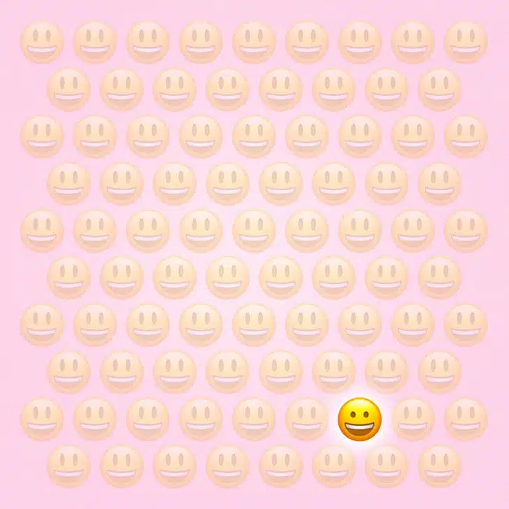 Teste visual com vários emojis amarelos sorridentes alinhados em fundo rosa claro