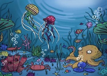 Teste visual com uma ilustração subaquática com polvo, águas-vivas, peixes coloridos, caranguejo e corais