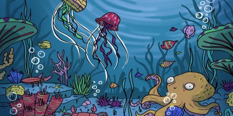 Teste visual com uma ilustração subaquática com polvo, águas-vivas, peixes coloridos, caranguejo e corais