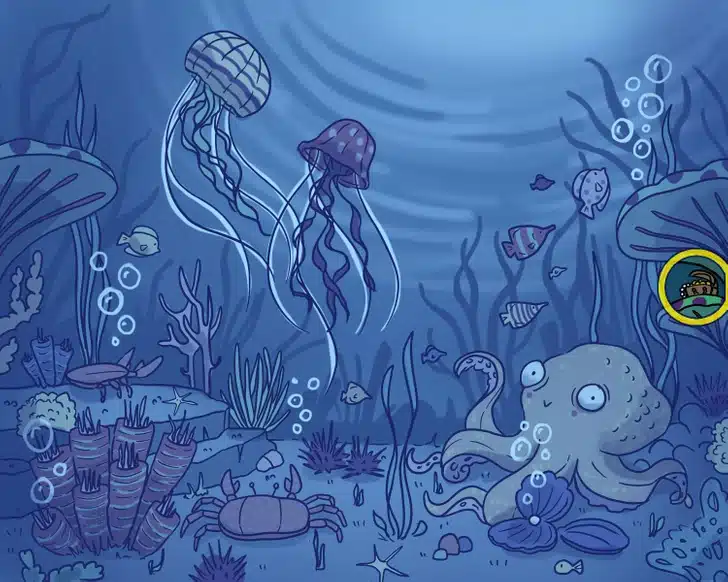 Encontre o tesouro perdido na cena marinha colorida com polvo e água-viva Teste visual com uma ilustração subaquática com polvo, águas-vivas, peixes coloridos, caranguejo e corais