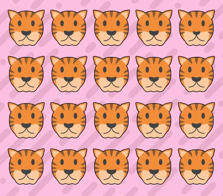 Teste visual com vários rostos de tigre laranja com listras pretas em padrão repetido sobre fundo rosa com manchas e linhas