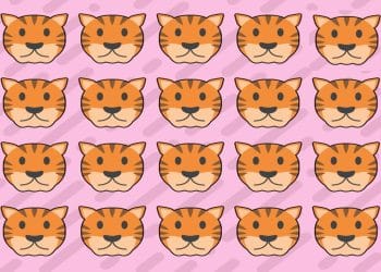 Teste visual com vários rostos de tigre laranja com listras pretas em padrão repetido sobre fundo rosa com manchas e linhas