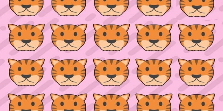 Teste visual com vários rostos de tigre laranja com listras pretas em padrão repetido sobre fundo rosa com manchas e linhas