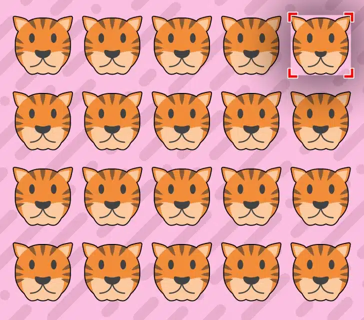 Teste visual com vários rostos de tigre laranja com listras pretas em padrão repetido sobre fundo rosa com manchas e linhas