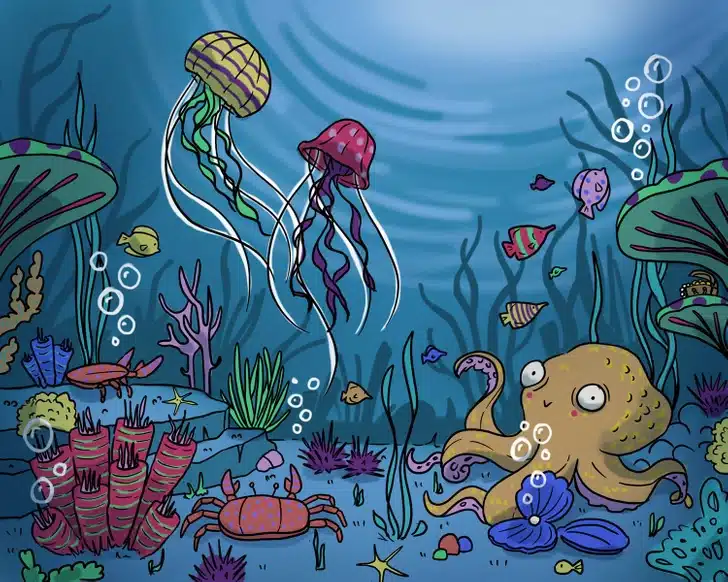 Ache o tesouro camuflado na cena do fundo do mar com diversas criaturas marinhas. Teste visual com uma ilustração subaquática com polvo, águas-vivas, peixes coloridos, caranguejo e corais
