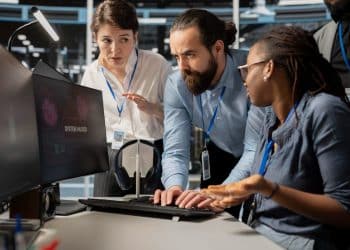 Profissionais com crachás trabalhando em equipe analisando sistema de segurança em monitor