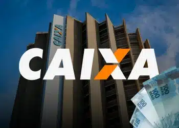Imagem com o logo da Caixa Econômica Federal sobre um fundo de notas de R$100 e um prédio da instituição, ilustrando a disponibilidade de R$ 6.220 para brasileiros.