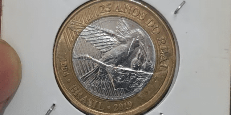 Cédula de 1 Real (antiga) e diversas moedas brasileiras espalhadas, simbolizando o valor encontrado e o potencial de lucro com a rara moeda comemorativa do Beija-Flor.