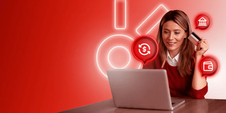 Mulher realizando transações financeiras online.