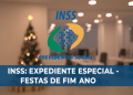 Logo do INSS com mensagem sobre expediente especial nas festas de fim de ano e árvore de Natal ao fundo.
