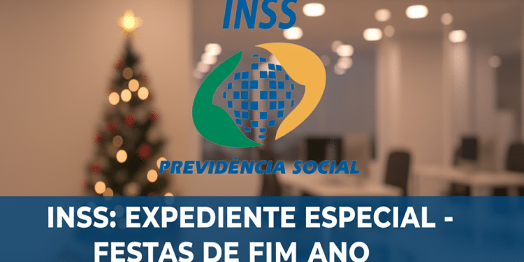 Logo do INSS com mensagem sobre expediente especial nas festas de fim de ano e árvore de Natal ao fundo.