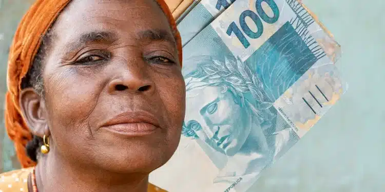 Mulher negra com lenço laranja na cabeça segurando várias cédulas de 100 reais brasileiras