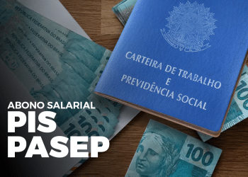 Imagem ilustrativa do abono salarial PIS/Pasep 2026 com cédulas de R$ 100 e a Carteira de Trabalho.