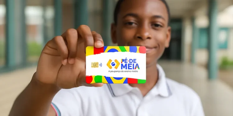 Adolescente segurando cartão colorido Pé de Meia com foco na logo e chip