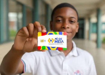 Adolescente segurando o cartão do programa Pé-de-Meia, usado para pagamentos do incentivo escolar.