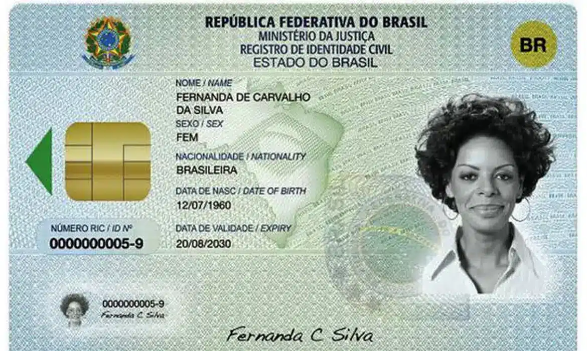 Valores atualizados da emissão Modelo oficial da nova Carteira de Identidade Nacional CIN com chip eletrônico número RIC e dados bilingues do cidadão.