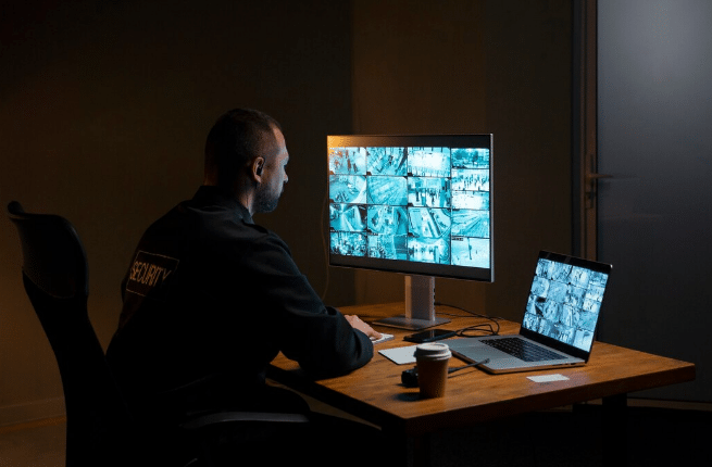 Segurança profissional sentado analisando múltiplas câmeras de vigilância em monitores no escuro