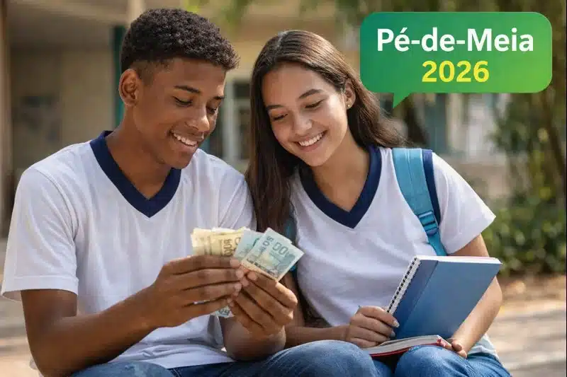 Calendário de pagamentos do Pé-de-Meia 2026. Estudantes do ensino médio sorrindo e segurando dinheiro, simbolizando os benefícios financeiros do programa Pé-de-Meia 2026.