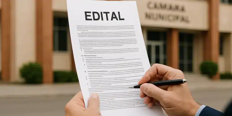 Mãos segurando e apontando um documento de edital em frente à fachada da Câmara Municipal.