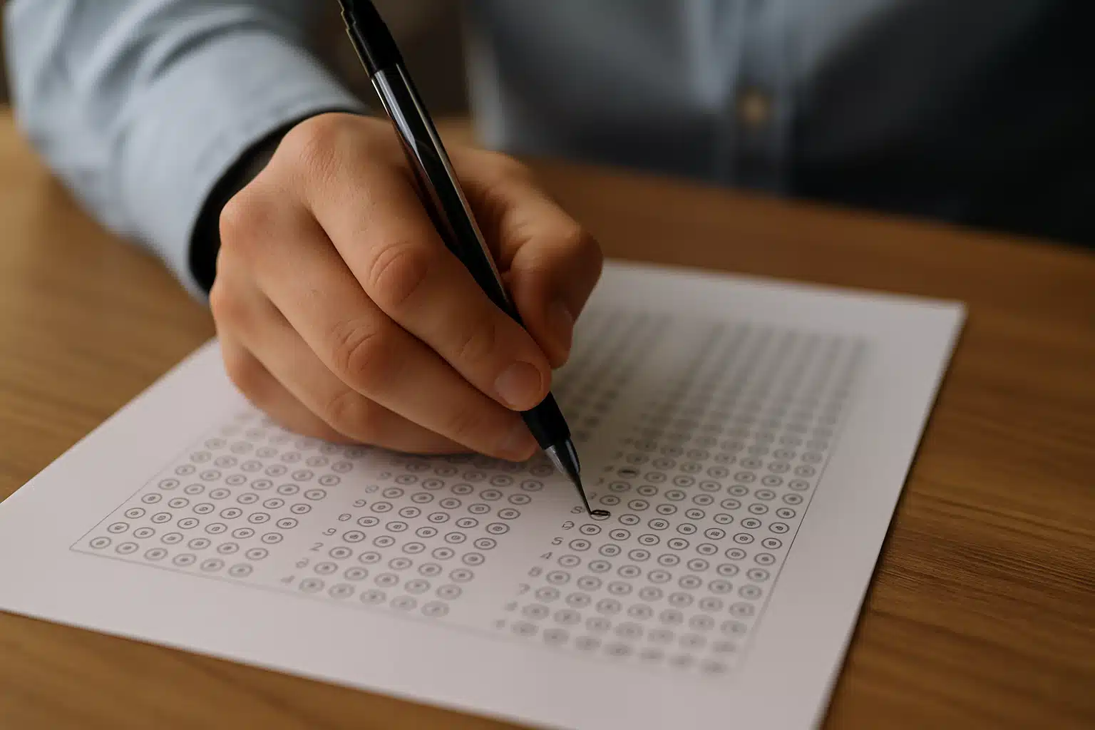 Concurso Câmara Municipal Mão preenchendo resposta de prova de múltipla escolha com caneta preta sobre papel