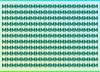 Desafio visual com um padrão de letras M repetidas em várias linhas com fundo verde